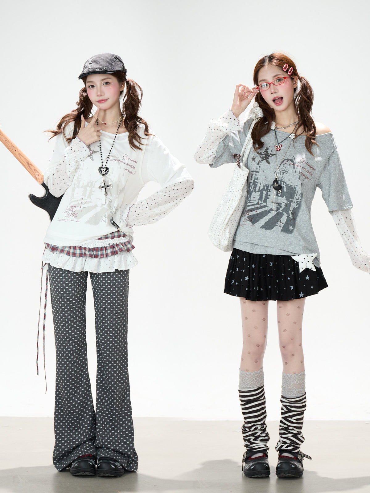 Faux Layered Star Mesh Graphic Long Sleeve Top & Black Star Pleated Mini Skirt