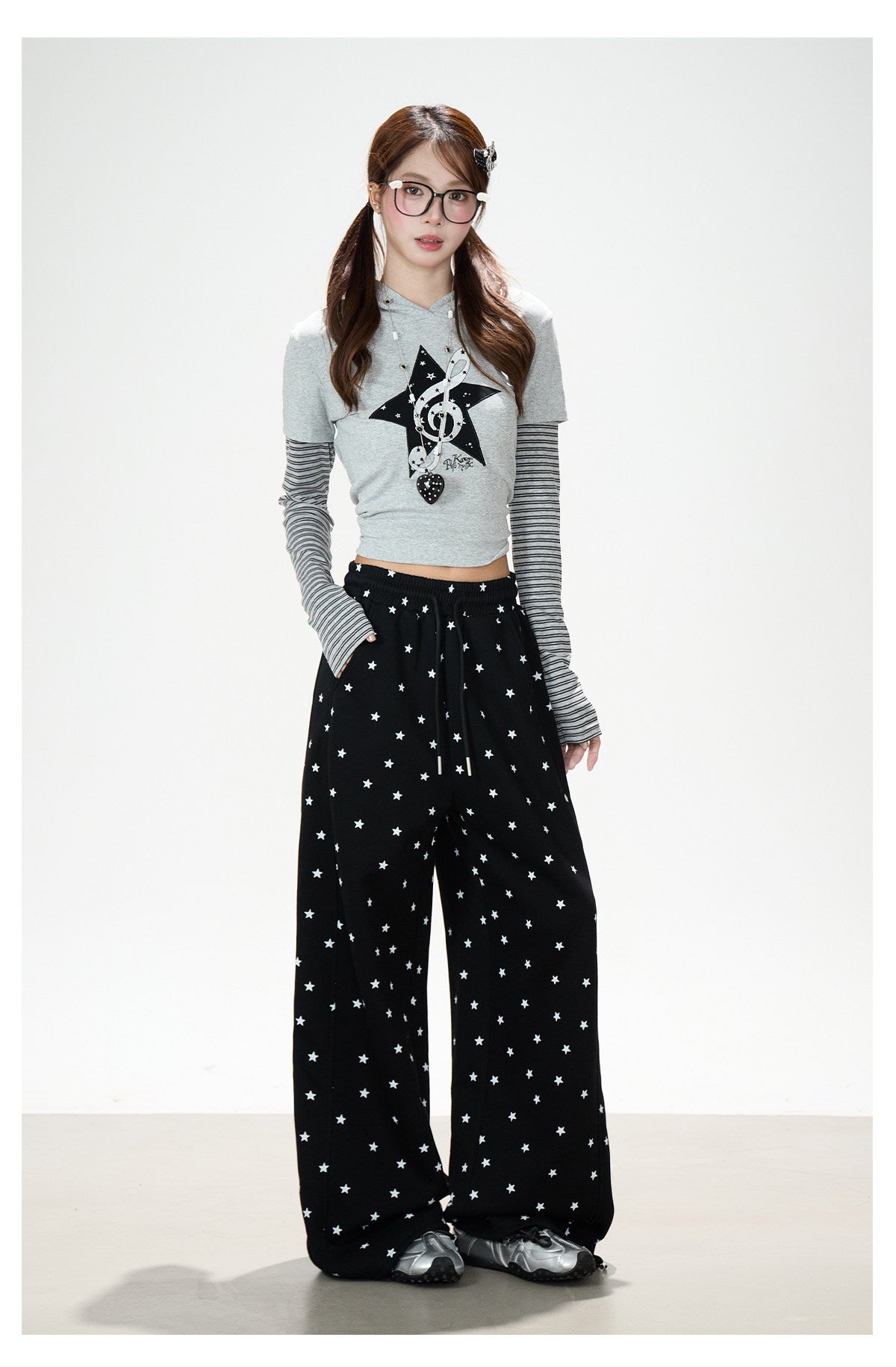 Music Note Star Layered Hoodie Top & Polka Dot Tie-Waist Wide-Leg Pants