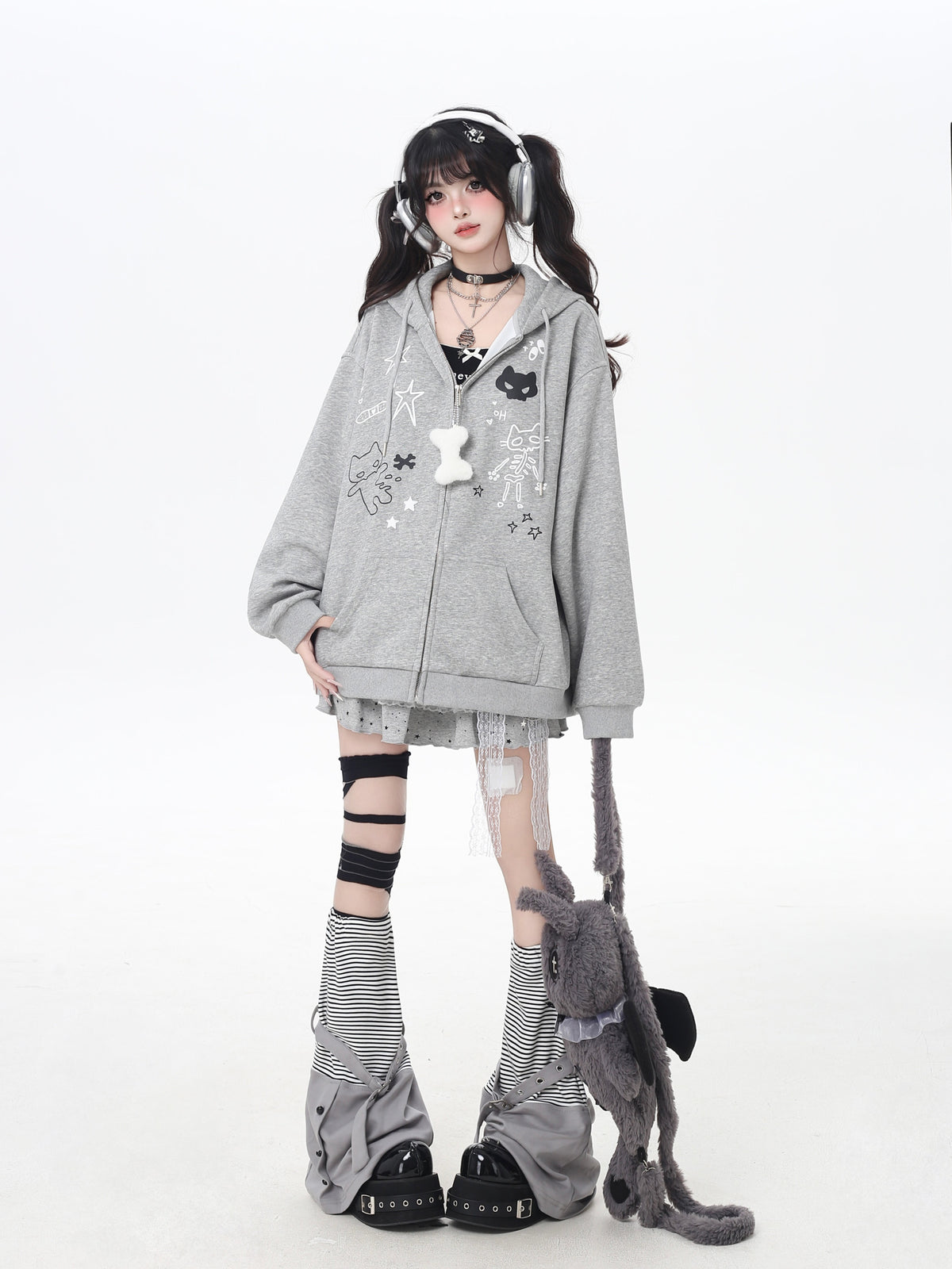 Cat Ear Bow Graphic Zip Hoodie