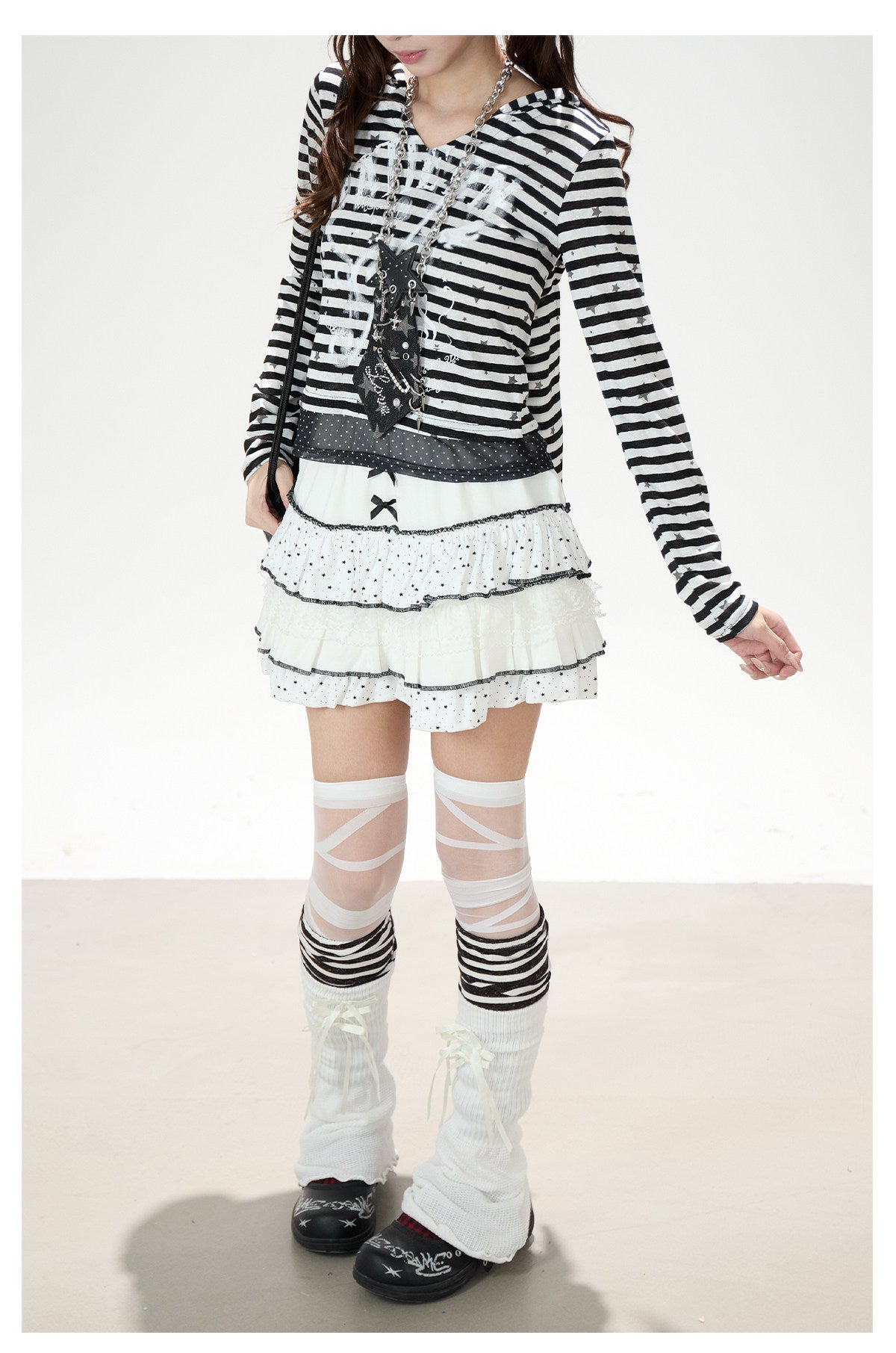 Star Stripe Bunny-Ear Hooded V-Neck Long Sleeve Top
