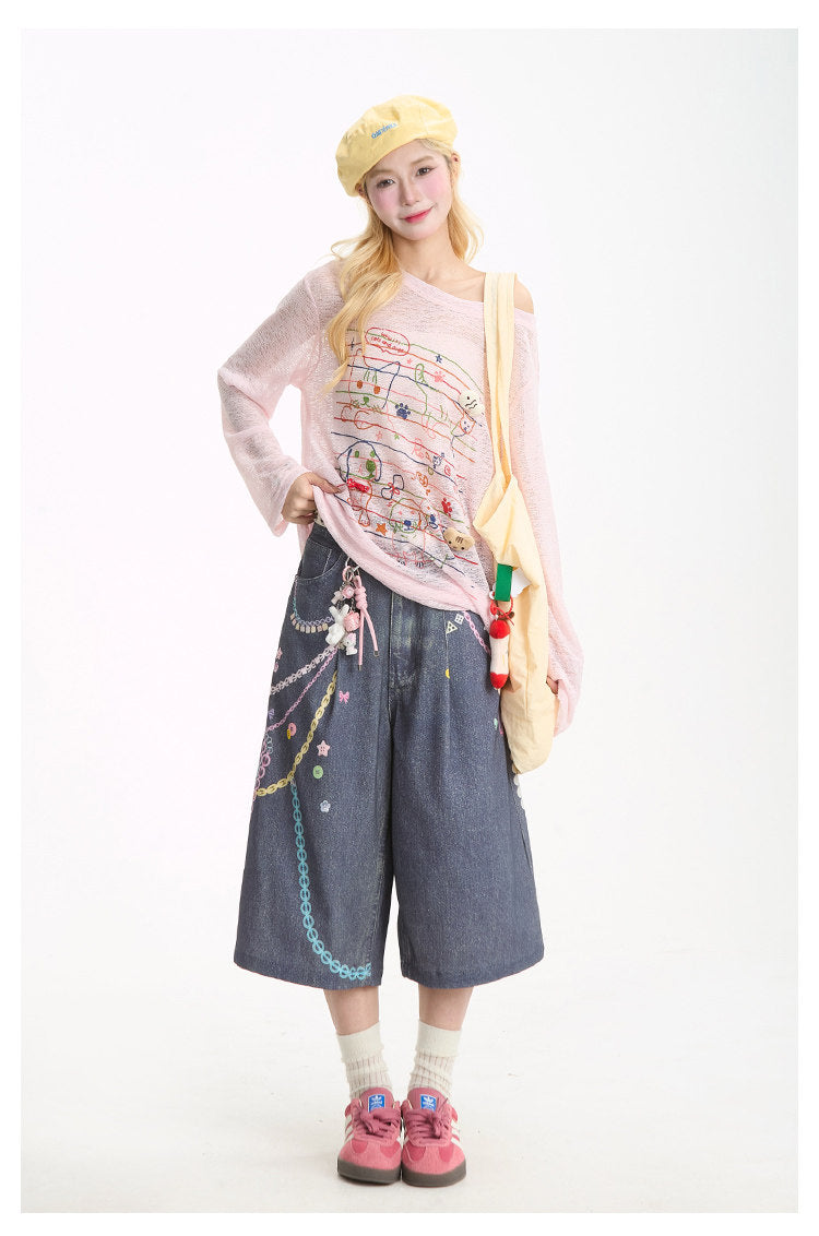 Cat & Puppy Sheer Graphic Long Sleeve Top