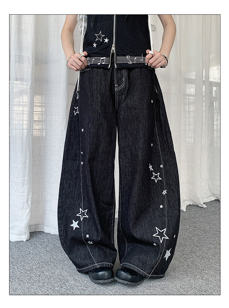 Star Embroidered Wide-Leg Jeans with Lace Overskirt