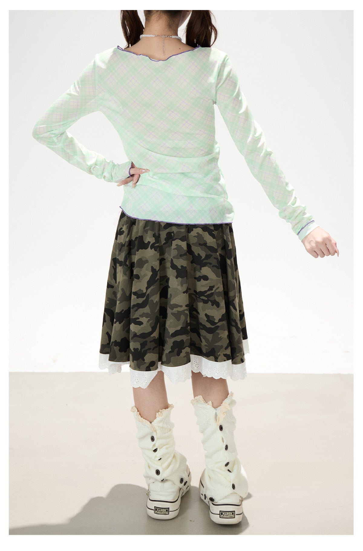 Dreamy Cartoon Plaid Long Sleeve Top & Camo Lace Midi Skirt