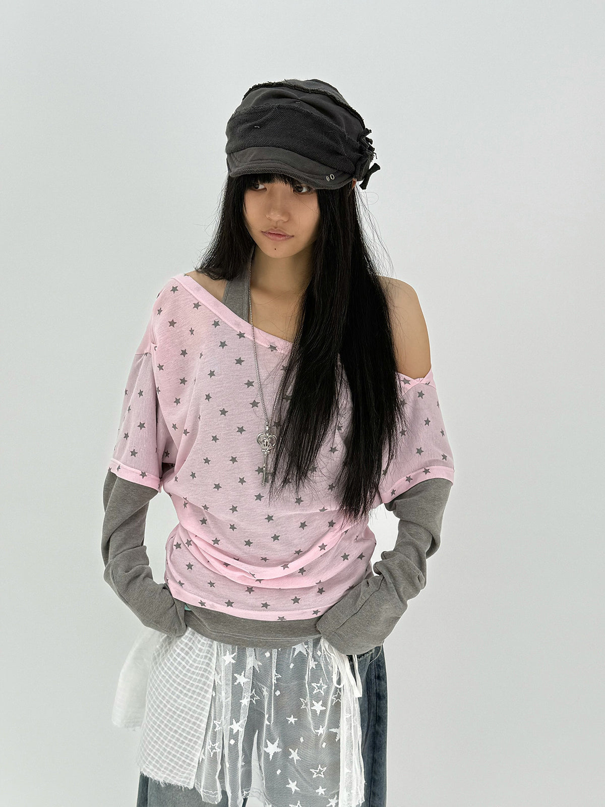 Star Print Faux-Layered Off-Shoulder Long Sleeve Top