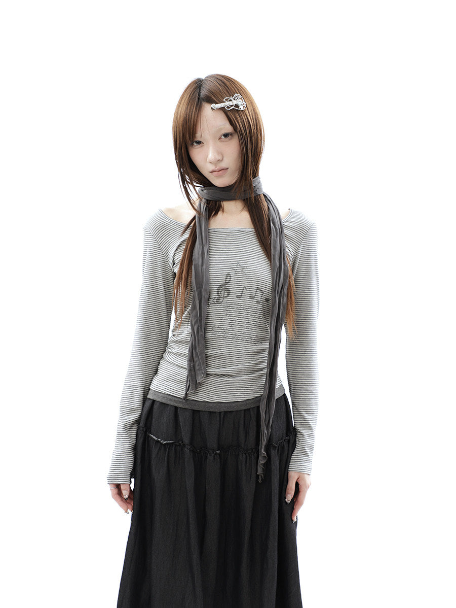 Music Note Striped Layered Long Sleeve Top with Scarf
