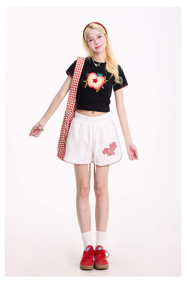 Embroidered Apple Contrast-Stitch Fitted Tee