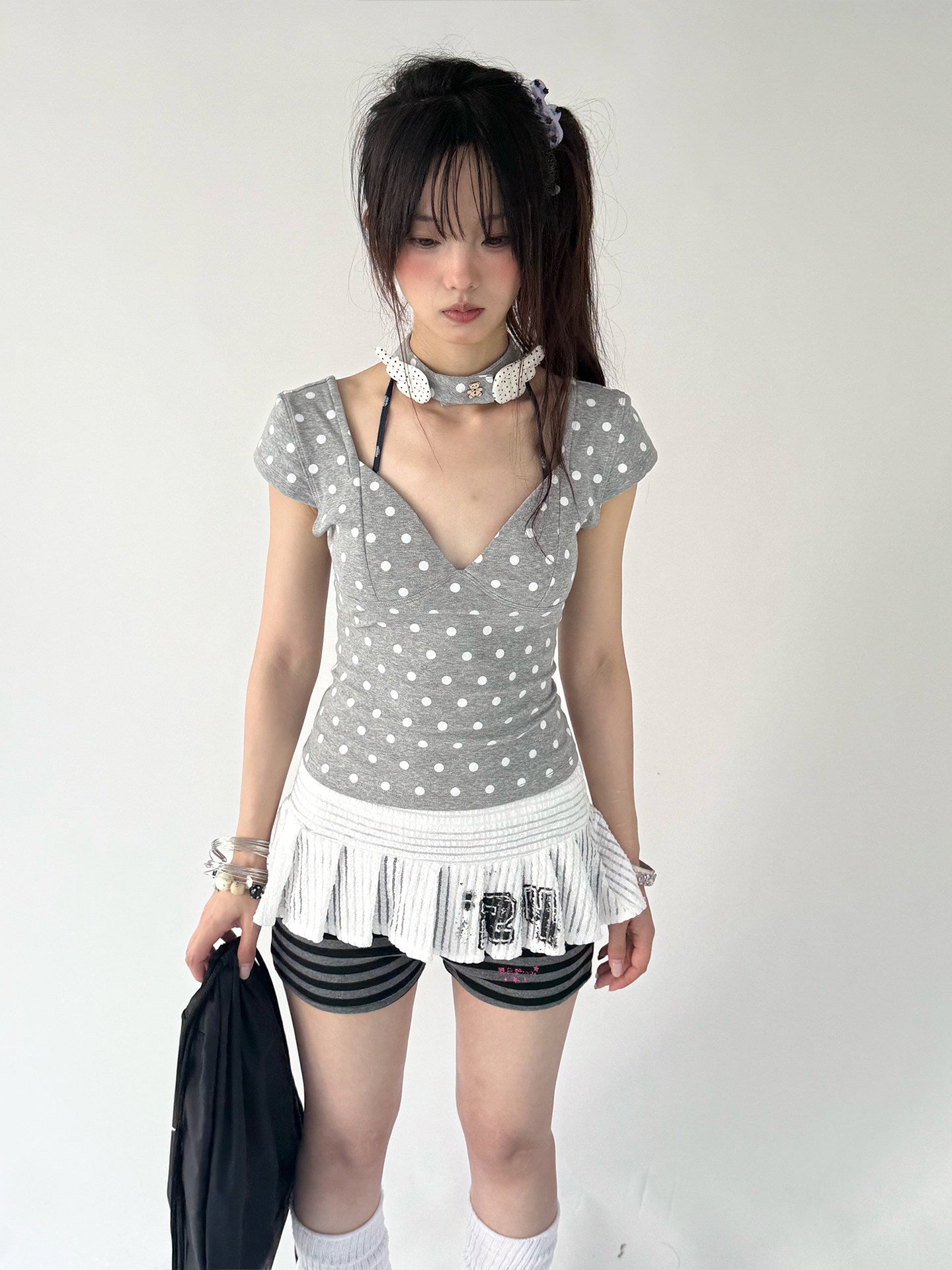 Mechanical Bear Polka Dot V-Neck Fitted Tee with Choker
