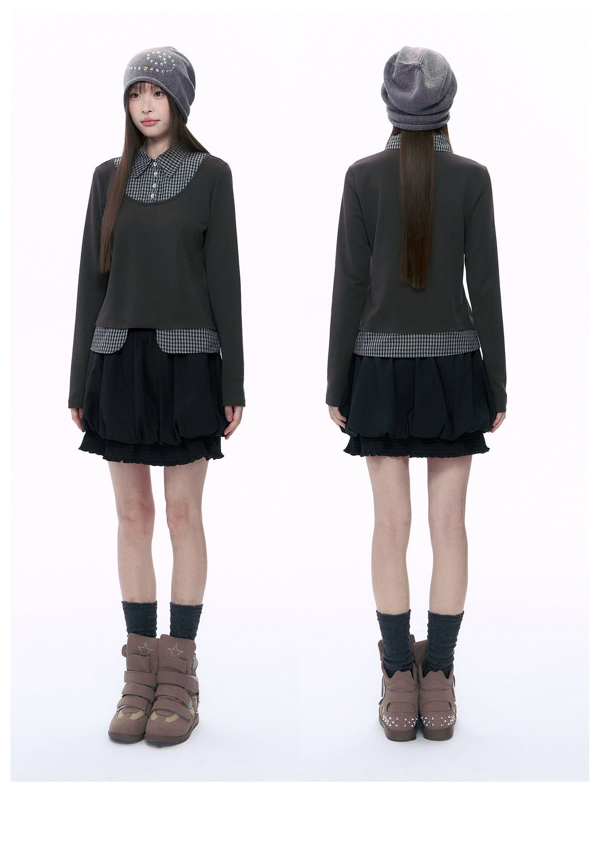 Plaid Collar Faux-Layer Long Sleeve Top