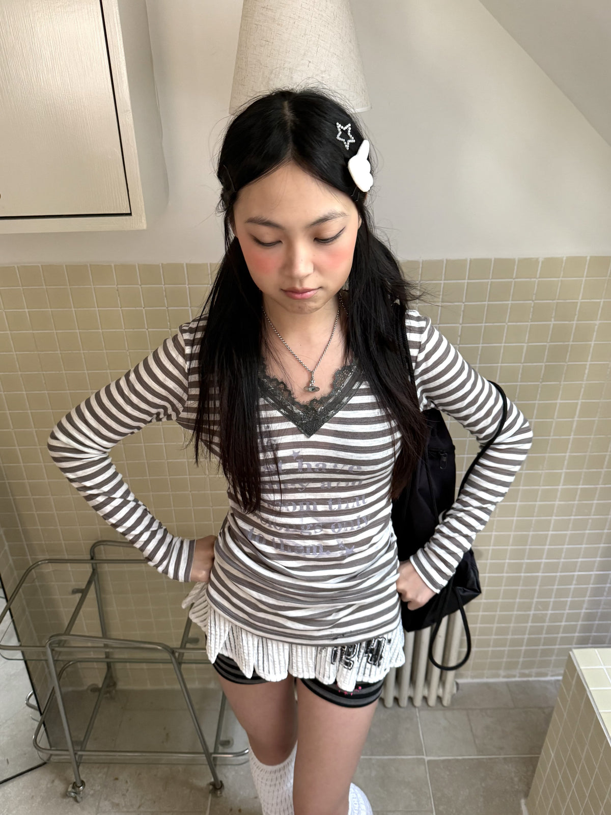 Gray Stripe Lace V-Neck Graphic Long Sleeve Tee