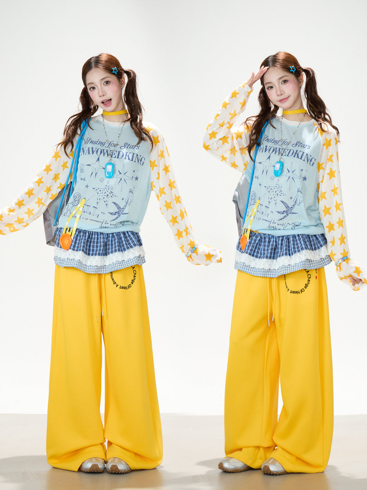 Cartoon Star Raglan Long Sleeve Top & Wide-Leg Drawstring Pants