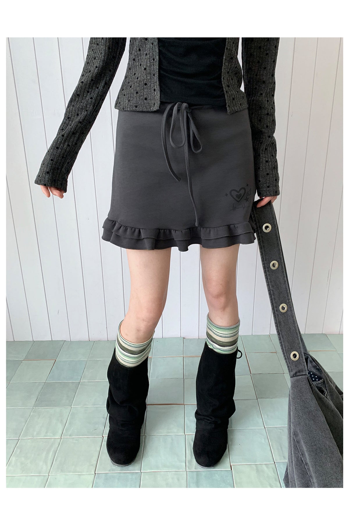 Heart Pulse Drawstring Ruffle Mini Skirt