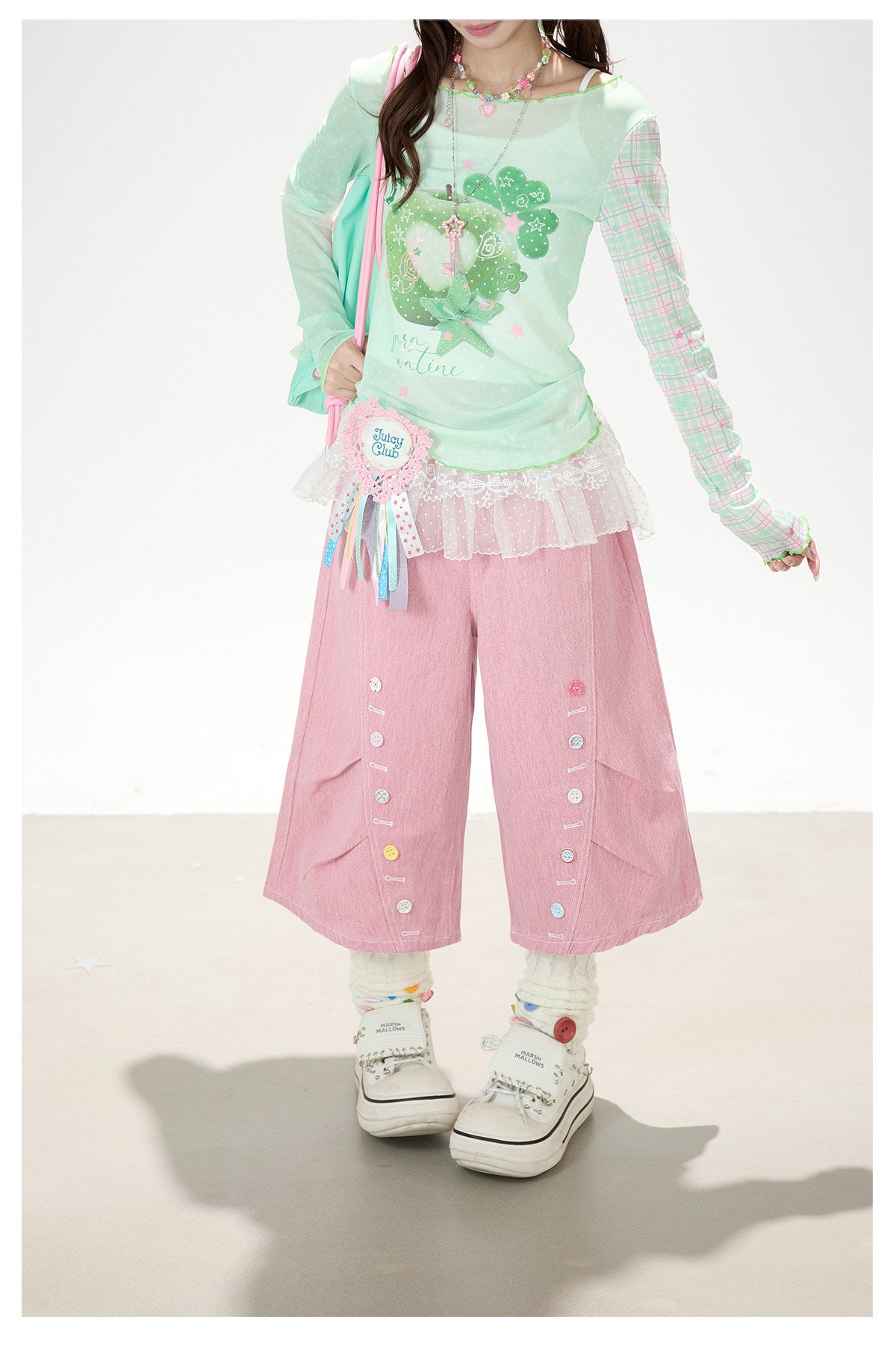 Apple Plaid Mesh Long Sleeve Top & Pink Polka Dot Wide Leg Pants