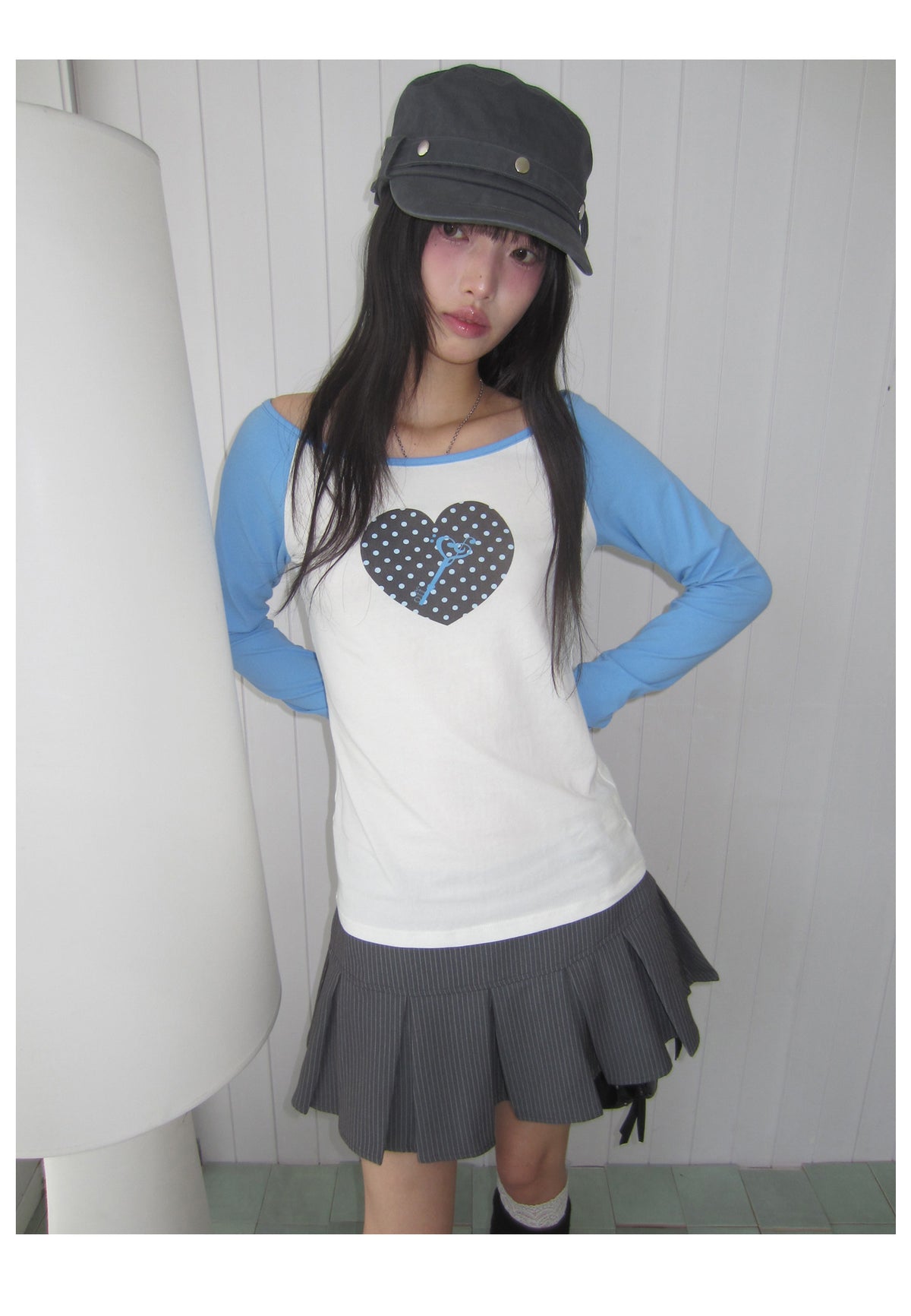 Polka Dot Heart Key Contrast Raglan Long Sleeve Tee
