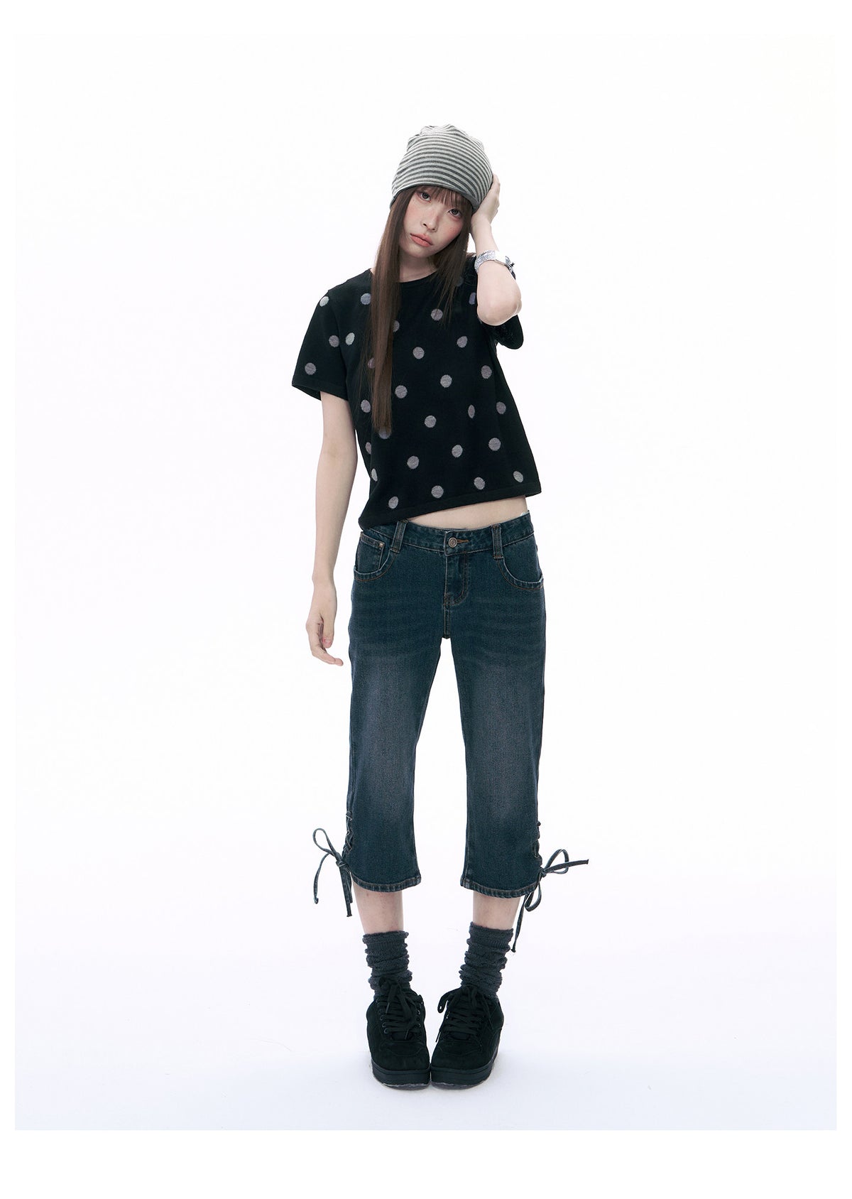 Polka Dot Wool-Blend Short Sleeve Knit Top
