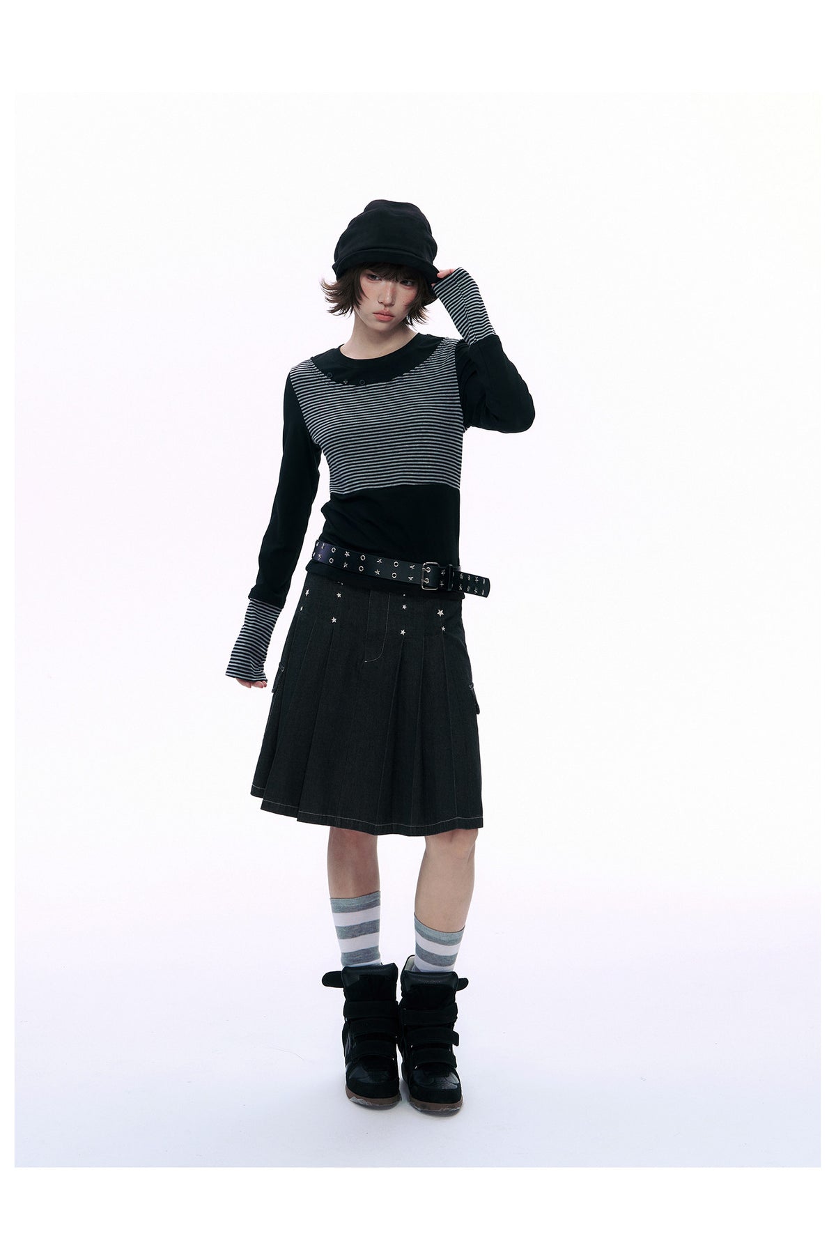 Embroidered Star Pleated Denim Midi Skirt