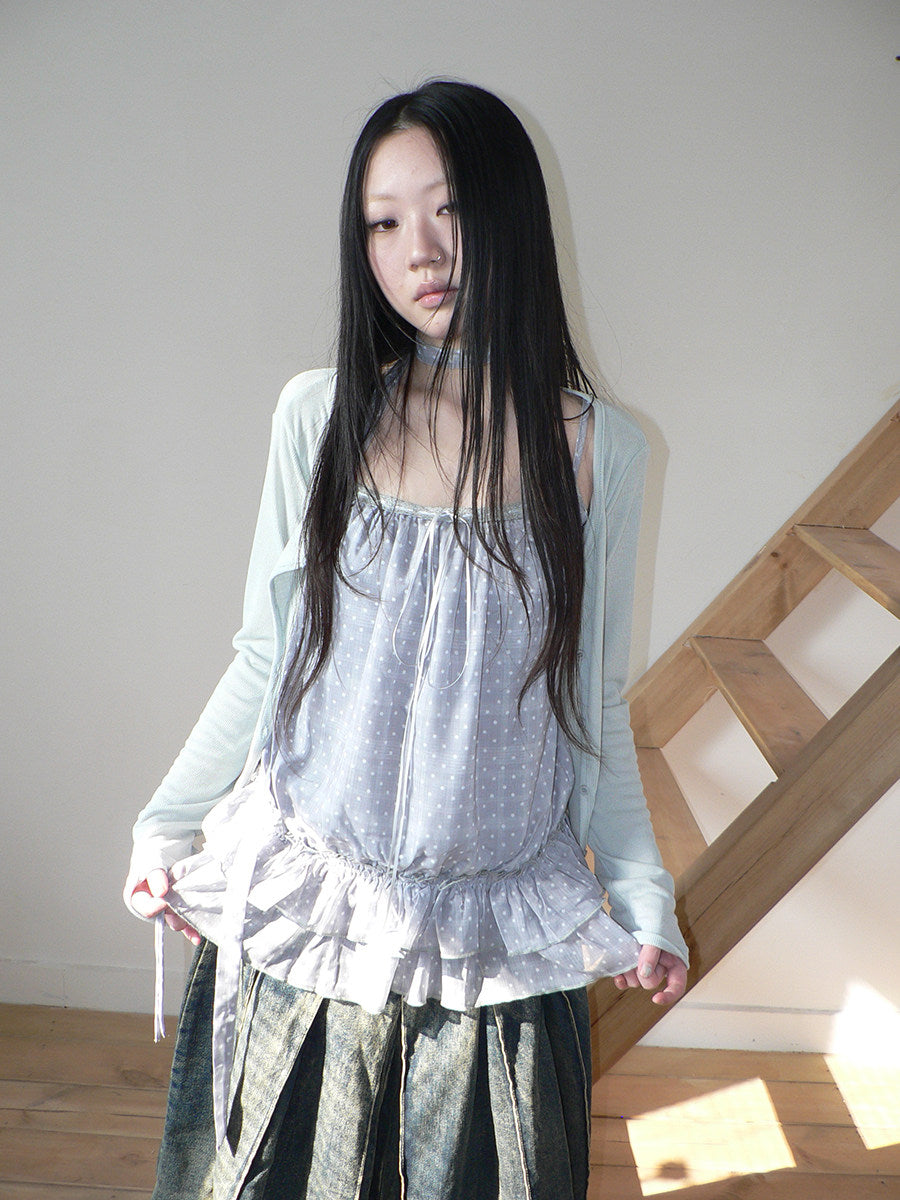 Polka Dot Ruffle Camisole & Cardigan Set with Scarf