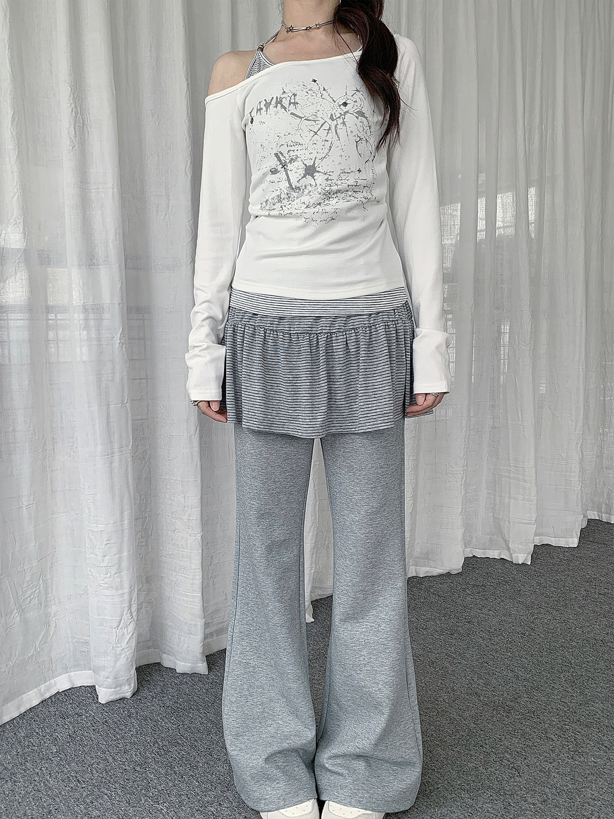 Striped Ruffle Layered Flare Pants