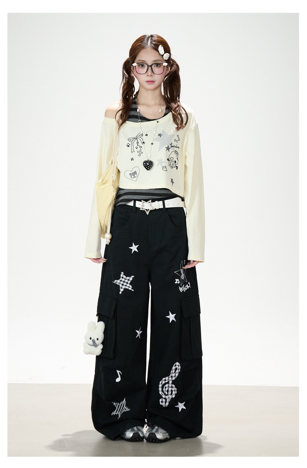 Cartoon Patch Embroidered Wide-Leg Cargo Pants