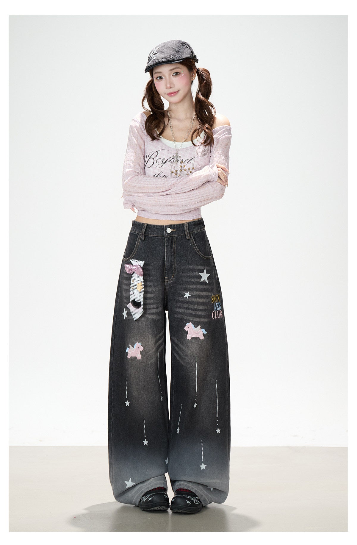 Beyond the Limits Sheer Grid Long Sleeve Top & Pony Star Wide-Leg Jeans