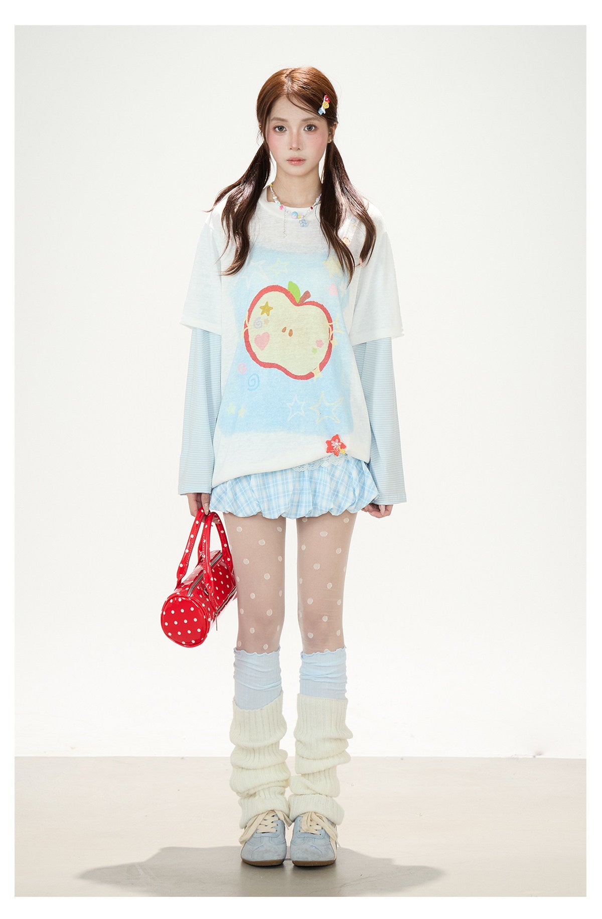 Apple Doodle Layered Long Sleeve Tee & Light Blue Ruffle Mini Skirt
