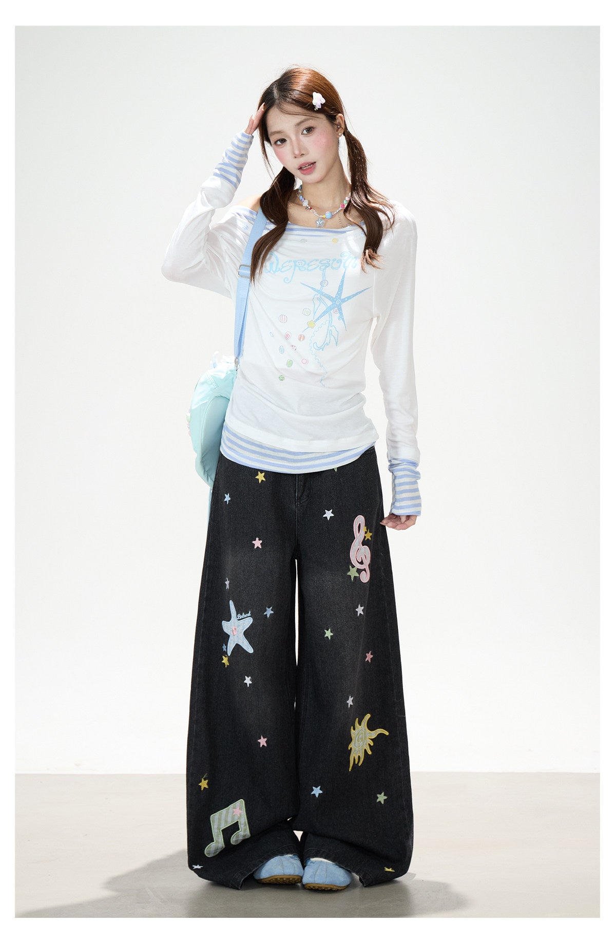 Starfish Off-Shoulder Layered Long Sleeve Top & White Wide-Leg Pants