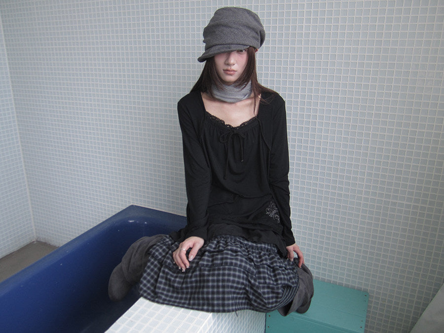 Star Embroidered Lace-Hem Tie Long Sleeve Top