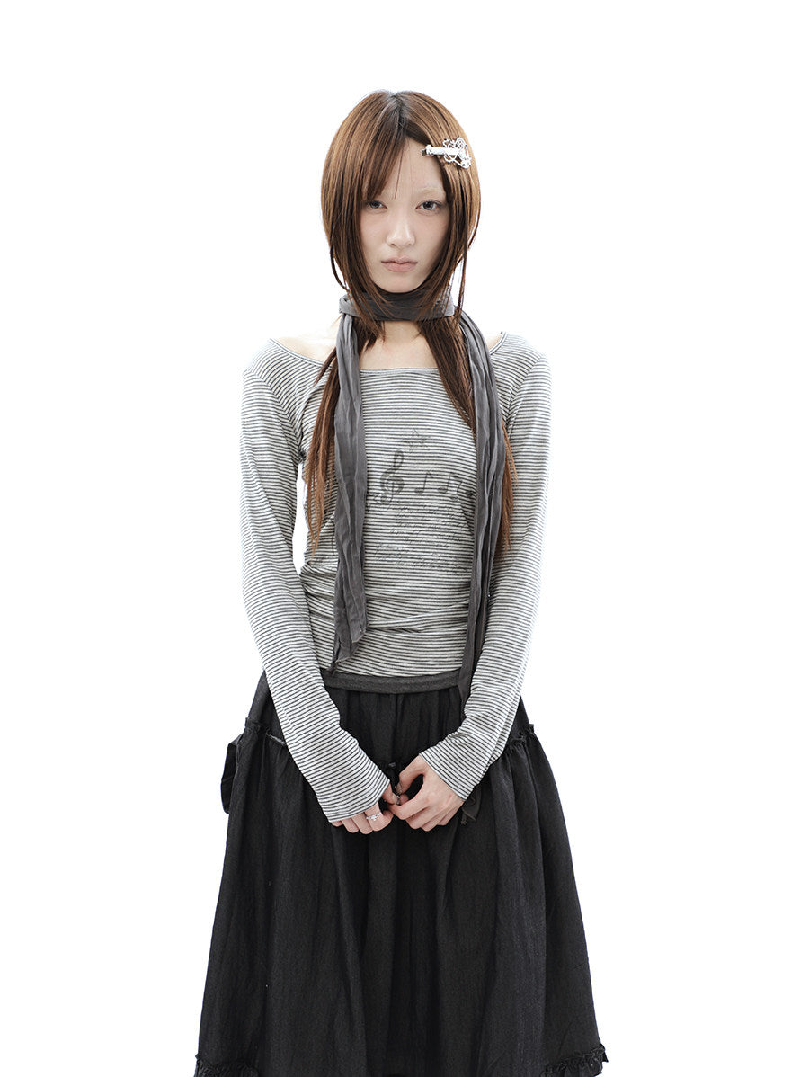 Music Note Striped Layered Long Sleeve Top with Scarf