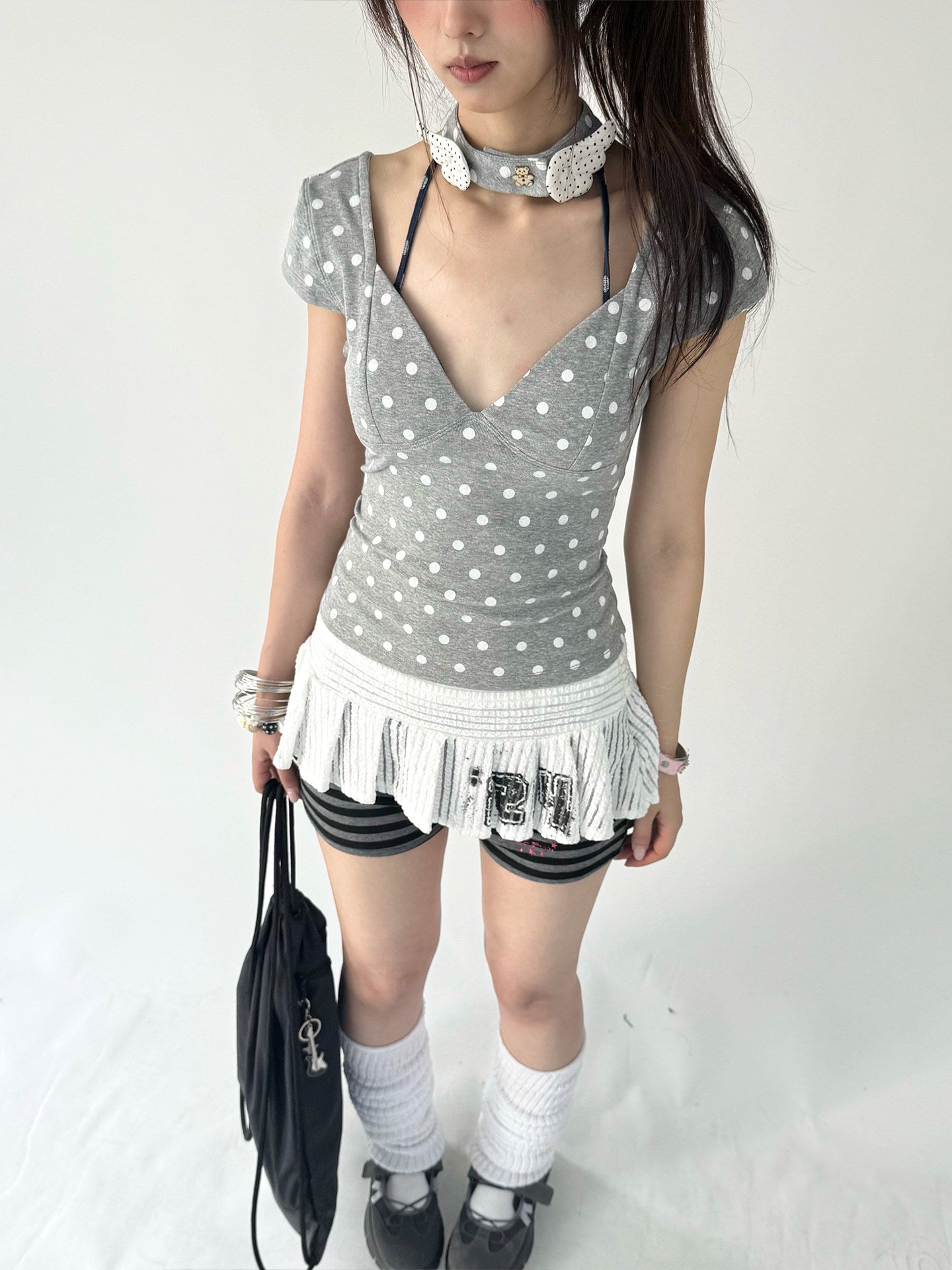 Mechanical Bear Polka Dot V-Neck Fitted Tee with Choker