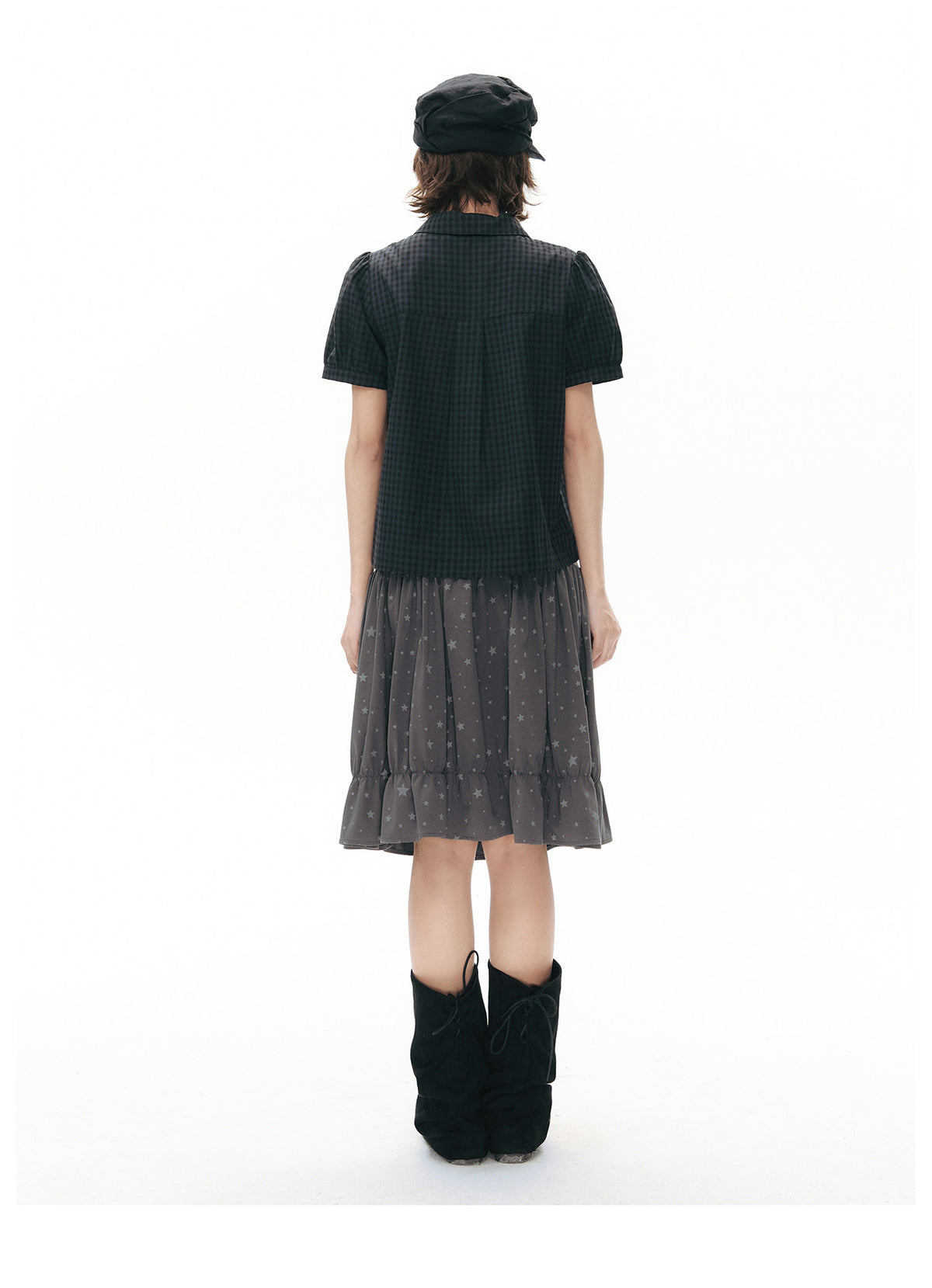 Star Print Striped-Waist Ruffle Midi Skirt