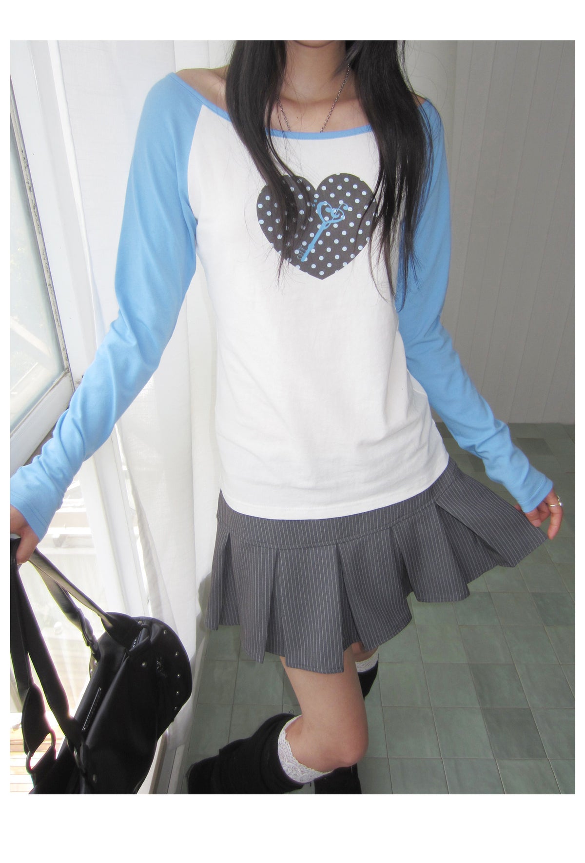 Polka Dot Heart Key Contrast Raglan Long Sleeve Tee
