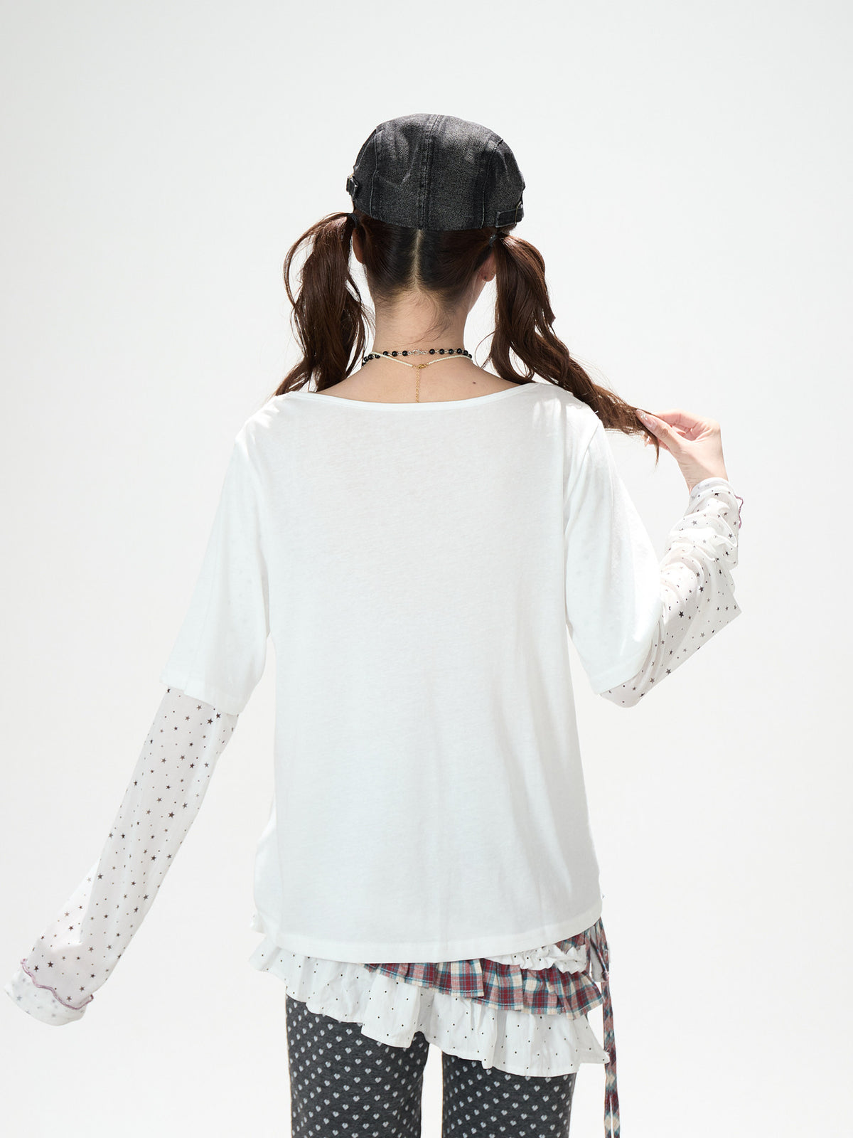Faux Layered Star Mesh Graphic Long Sleeve Top & Black Star Pleated Mini Skirt