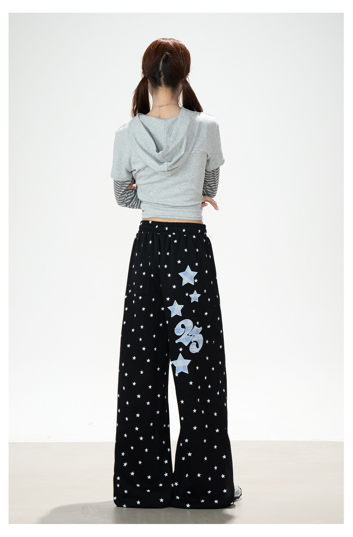 Music Note Star Layered Hoodie Top & Polka Dot Tie-Waist Wide-Leg Pants