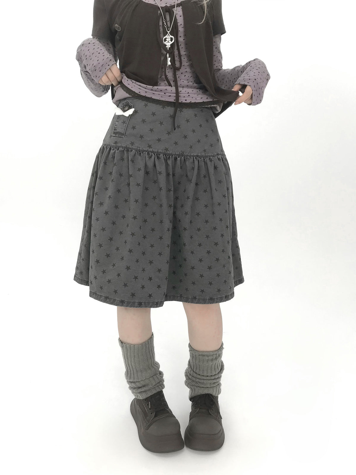Star Print Drop-Waist A-Line Skirt