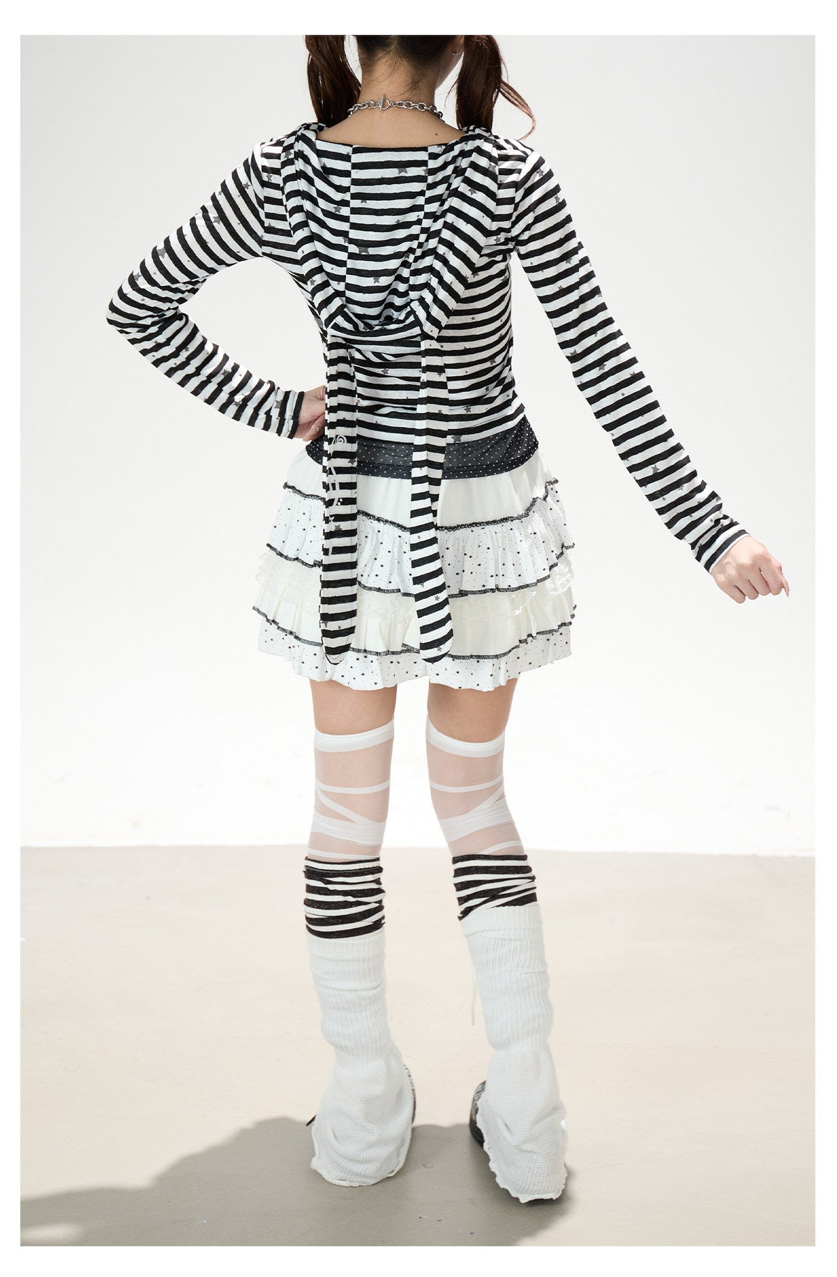 Star Stripe Bunny-Ear Hooded V-Neck Long Sleeve Top