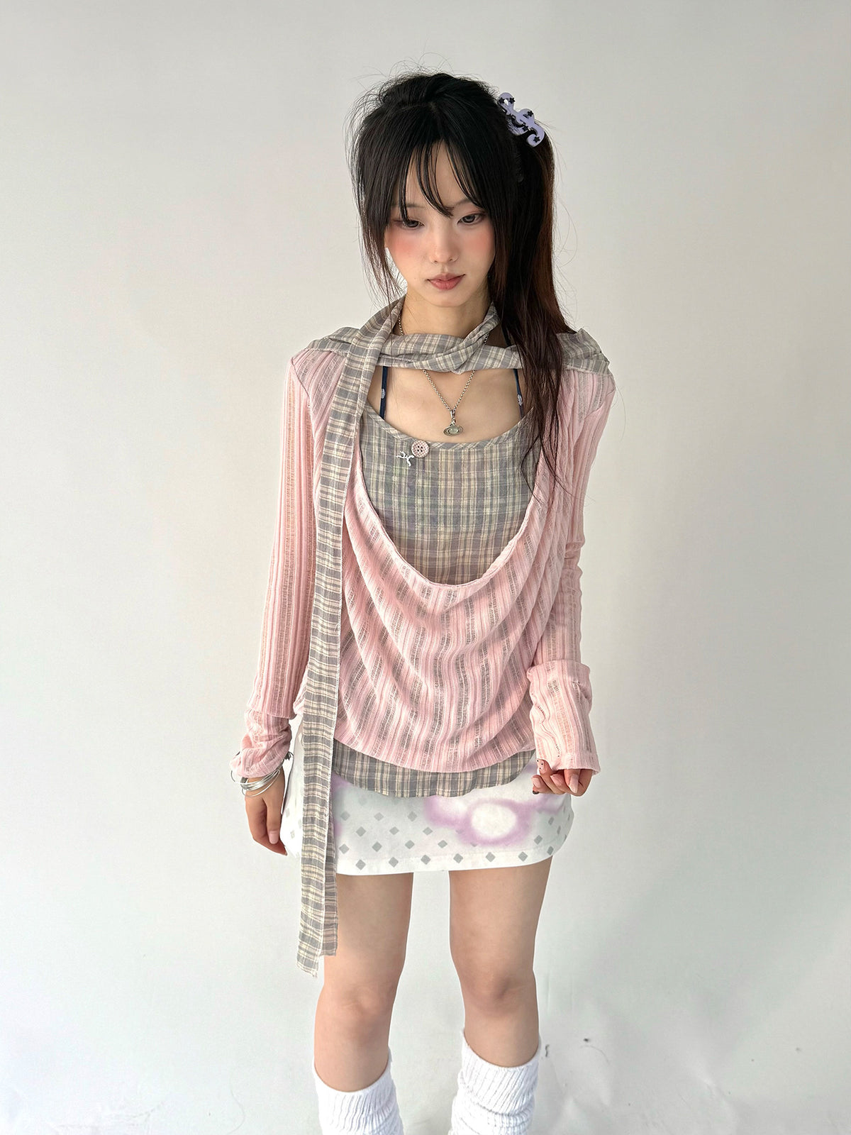 Plaid-Layered Cowl Long Sleeve Top