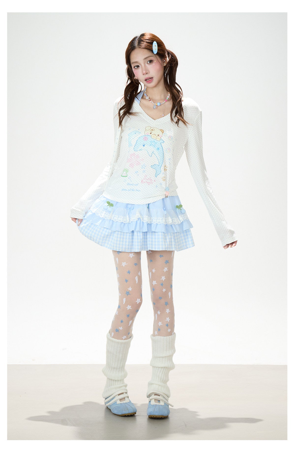 Dreamy Dolphin Polka-Dot V-Neck Long Sleeve Top & Gingham Ruffle Mini Skirt