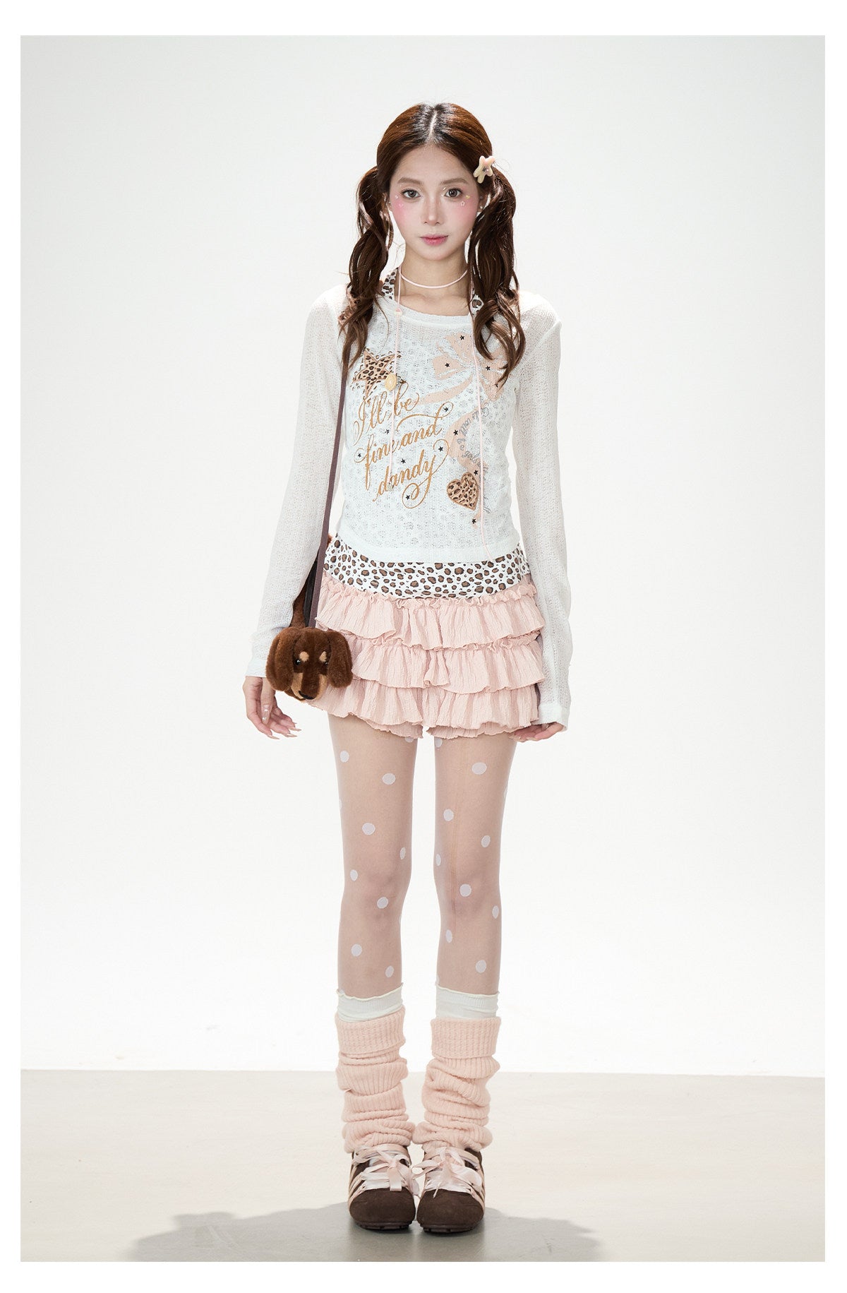 Leopard Layered Halter Long Sleeve Top & Pink Tiered Ruffle Mini Skirt