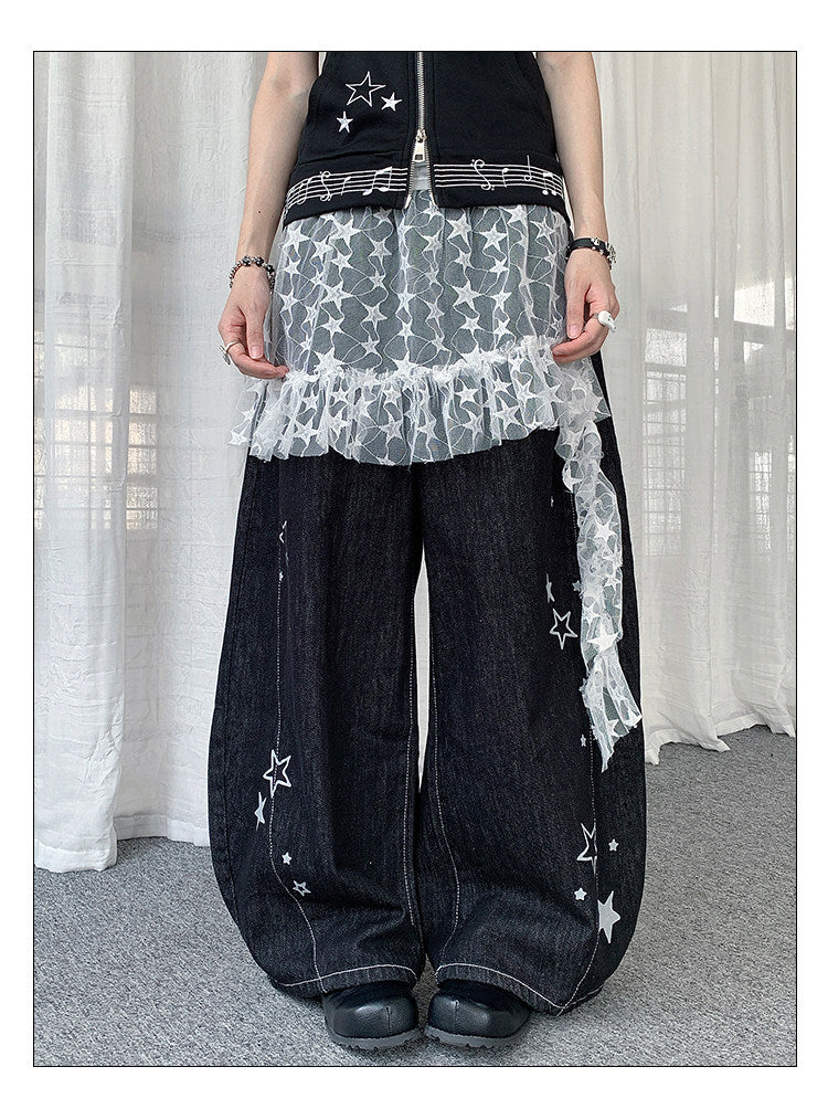 Star Embroidered Wide-Leg Jeans with Lace Overskirt