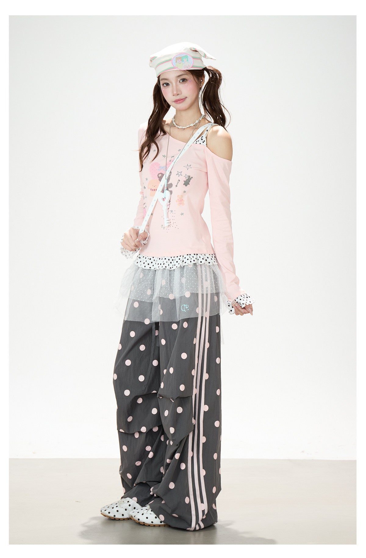 Dreamy Cartoon Off-Shoulder Layered Long Sleeve Top & Polka Dot Wide-Leg Pants