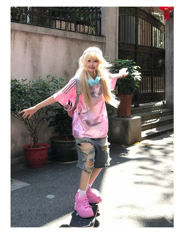 Anime Girl Jersey — Y2K Glossy V-Neck