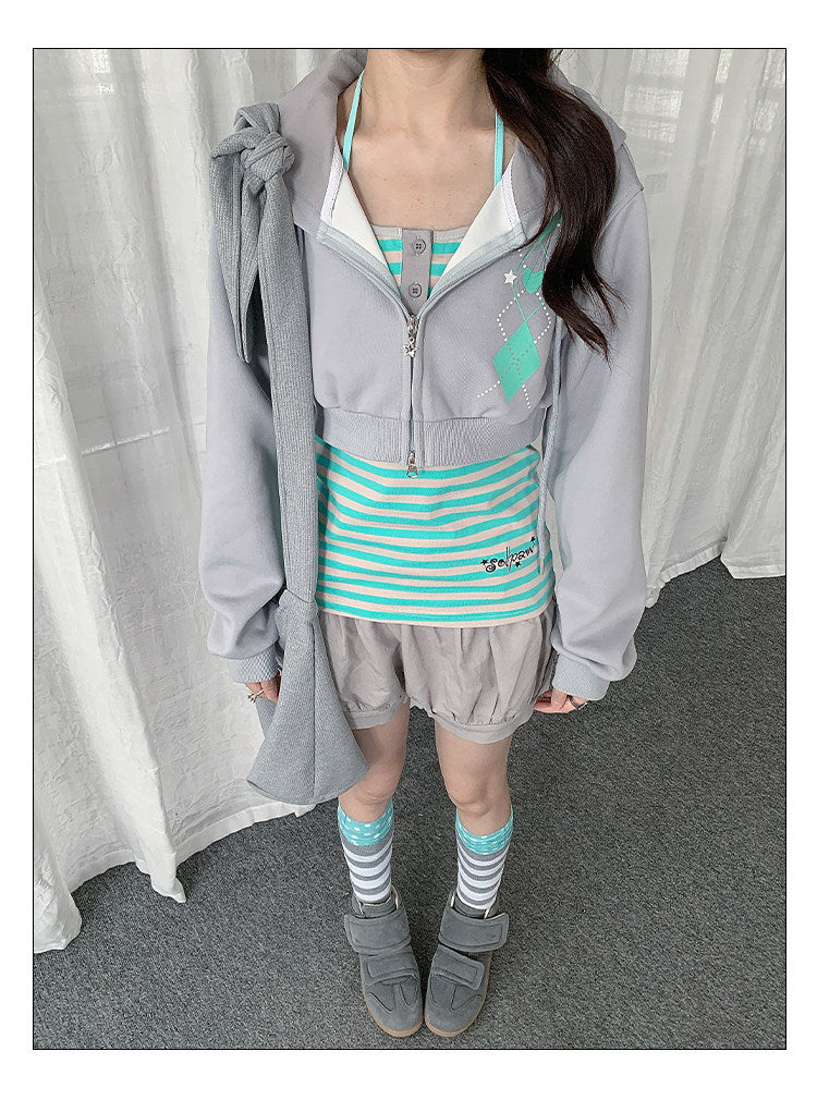 Striped Cami & Cropped Zip Hoodie Two-Piece Set