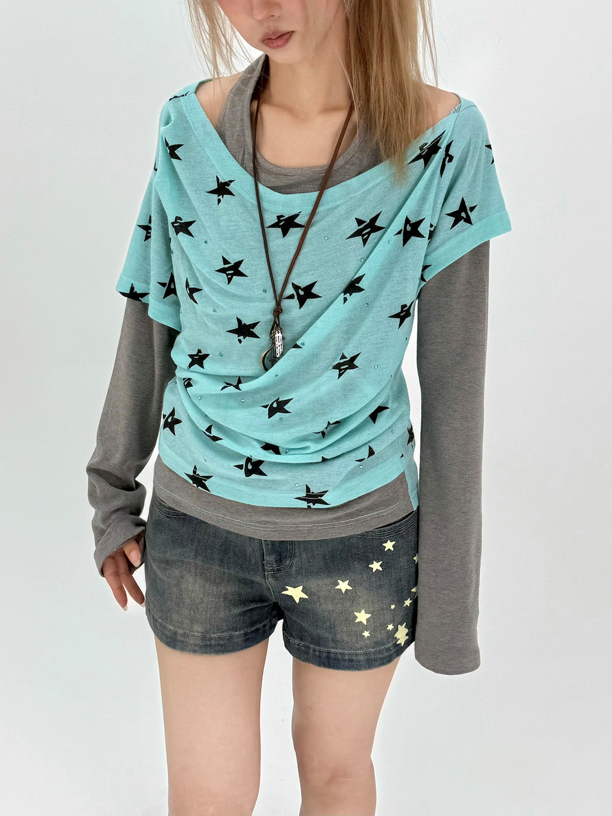 Star Print Faux-Layered Off-Shoulder Long Sleeve Top