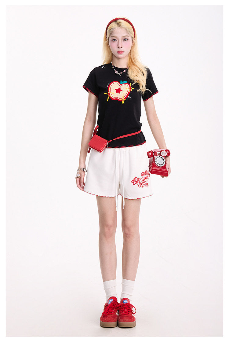 Embroidered Apple Contrast-Stitch Fitted Tee