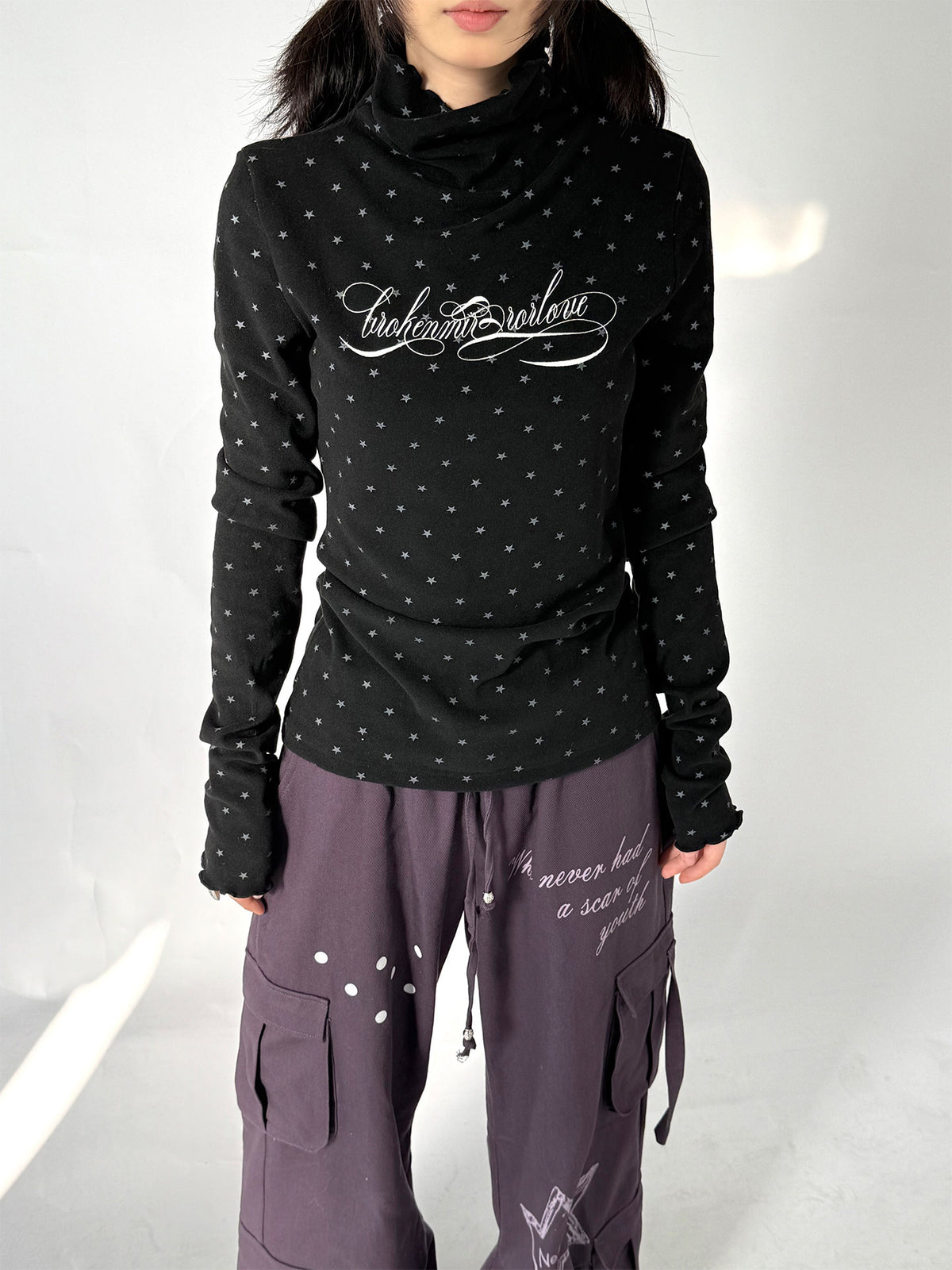 Star Print Mock Neck Thermal Long Sleeve Top