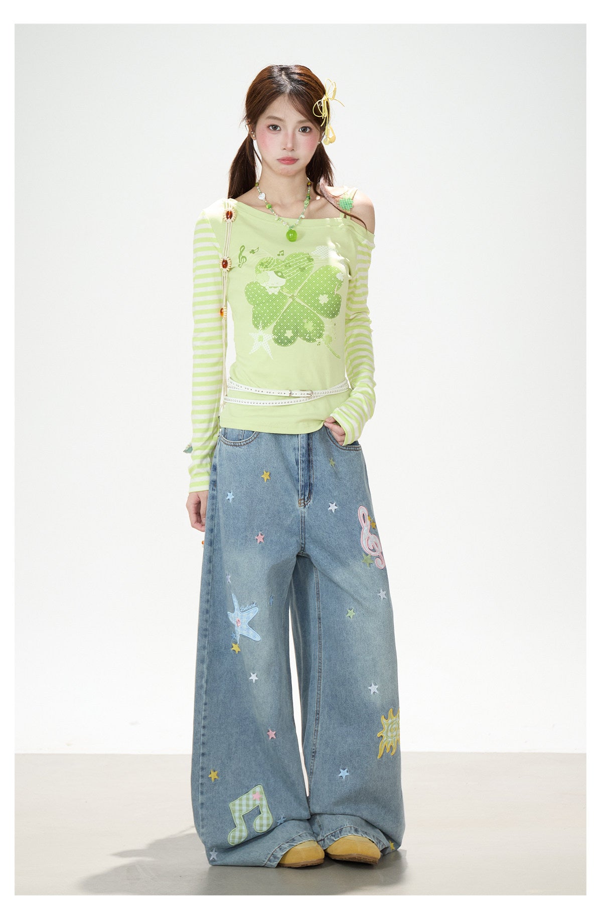 Music Note & Star Embroidered Washed Wide-Leg Jeans