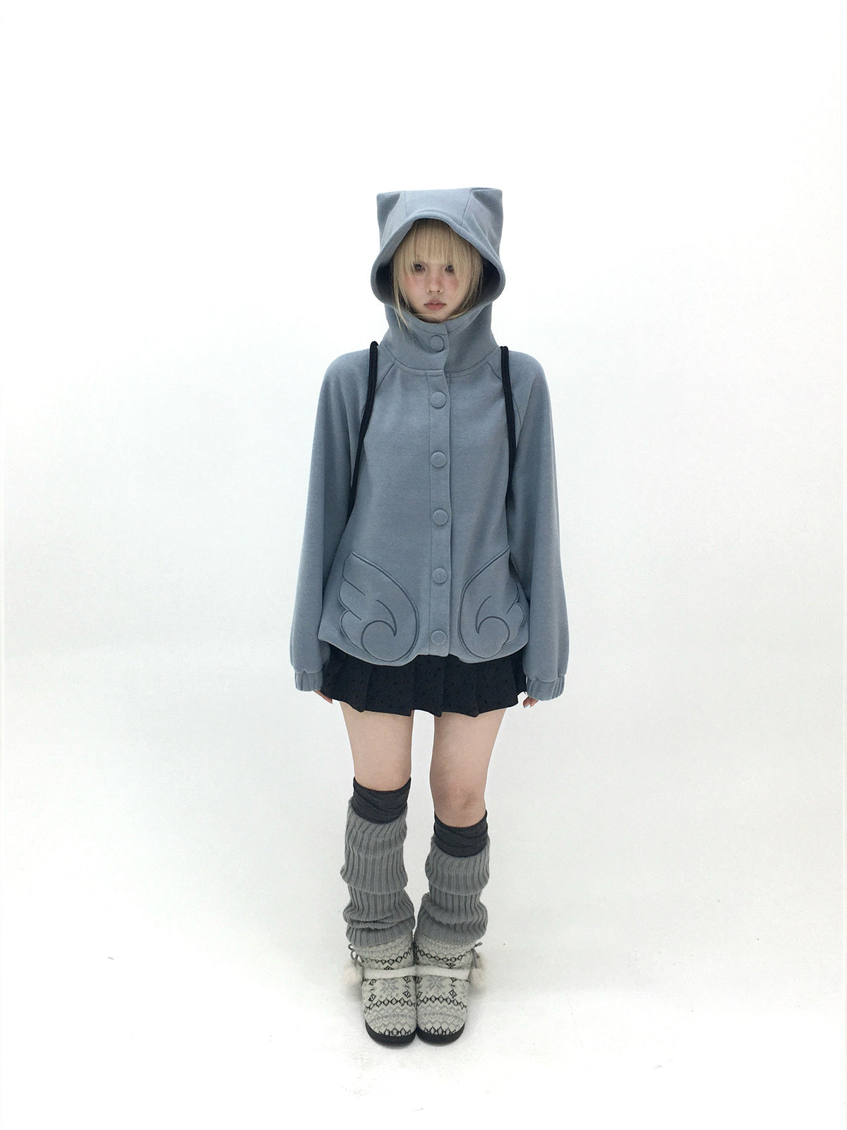 Dusty Blue & Ivory Fleece-Lined Cat Ear Wing Pocket Hooded Jacket