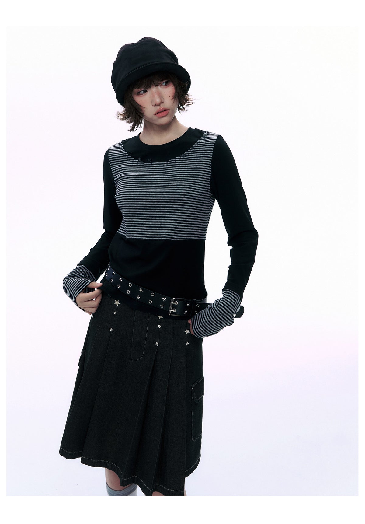Embroidered Star Pleated Denim Midi Skirt