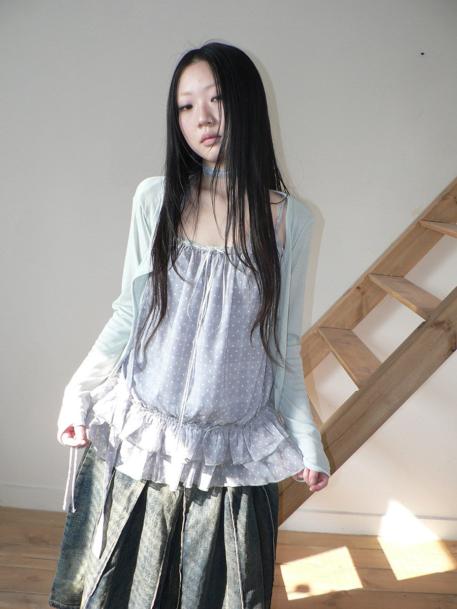 Polka Dot Ruffle Camisole & Cardigan Set with Scarf