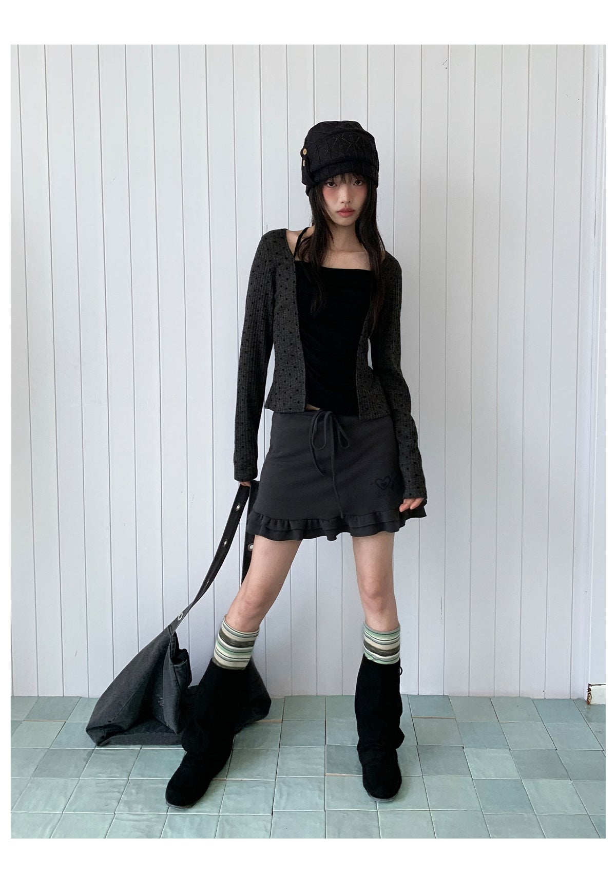 Heart Pulse Drawstring Ruffle Mini Skirt