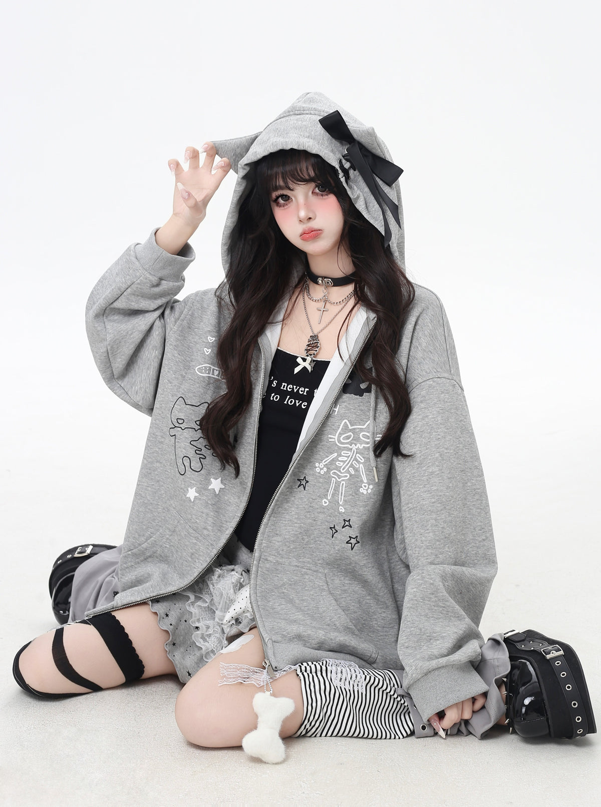 Cat Ear Bow Graphic Zip Hoodie